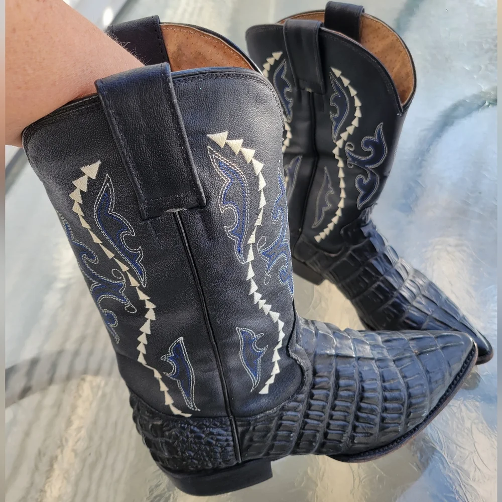 Gran Lider Black Caiman Exotic Leather Crocodile Western Embroidery Boots Unisex